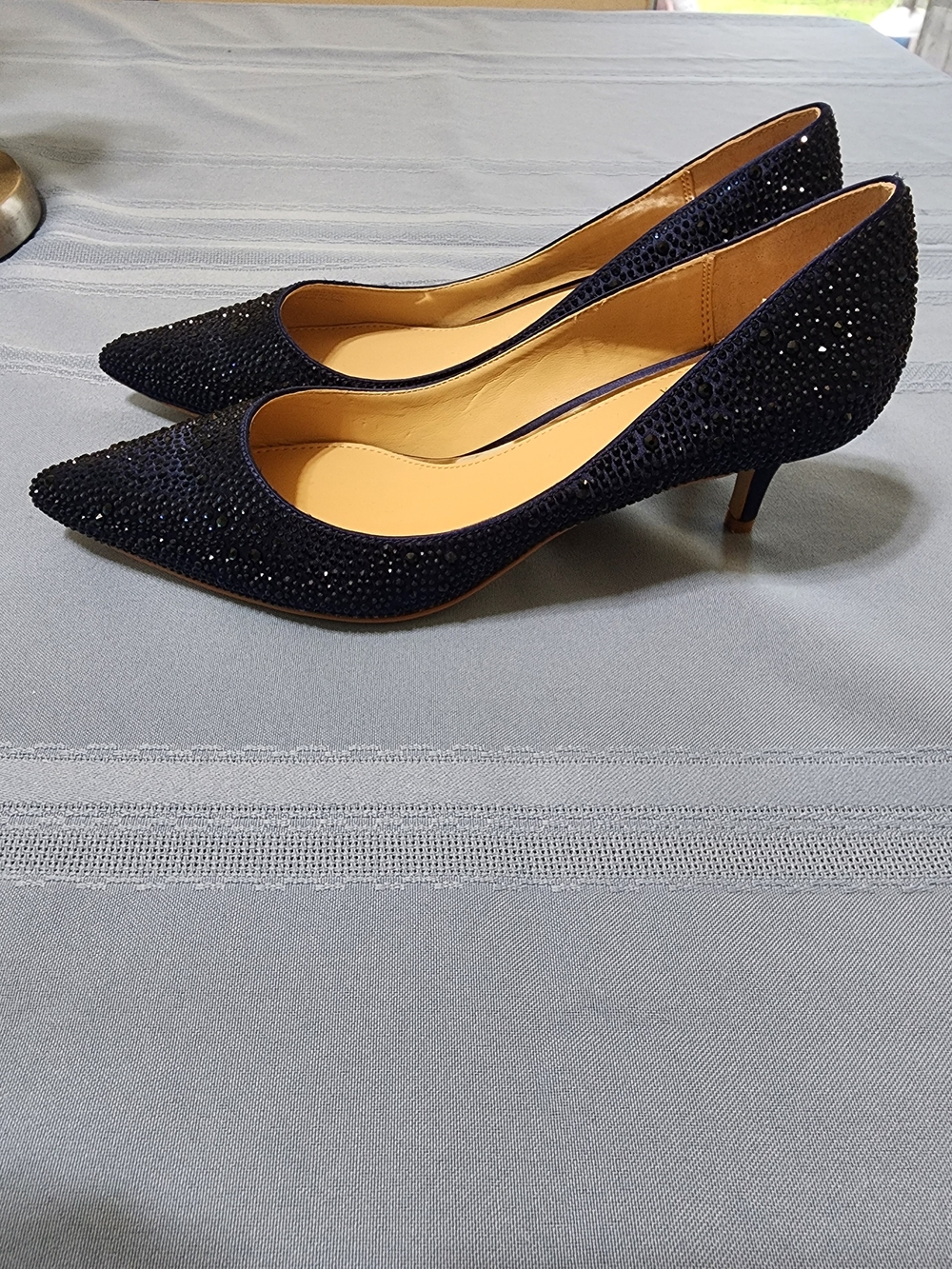 Badgley Mischka Navy Jeweled Pointed Toe Pumps - Picture 2 of 5